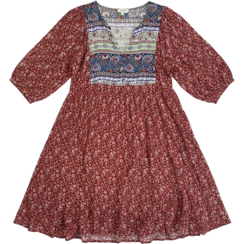 Umgee Women S‎ Red Rayon Floral Boho Mini Dress 3/4 Sleeve Tiered Festival